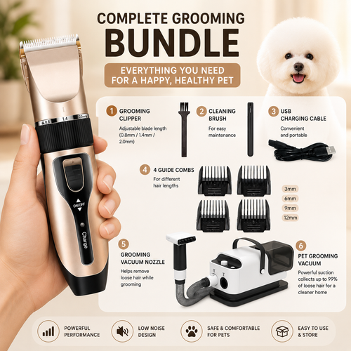 Essential dog grooming bundle with vacuum and hair clipper on white background