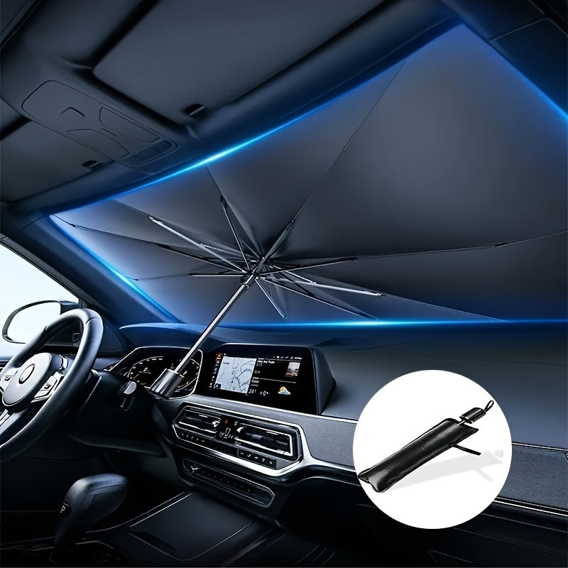 EssentialShade UPF50 roll-up windshield sunshade deployed on car front window