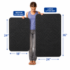 Cat litter mat size comparison showing Standard 18x24 and Large 24x36 options in gray and black