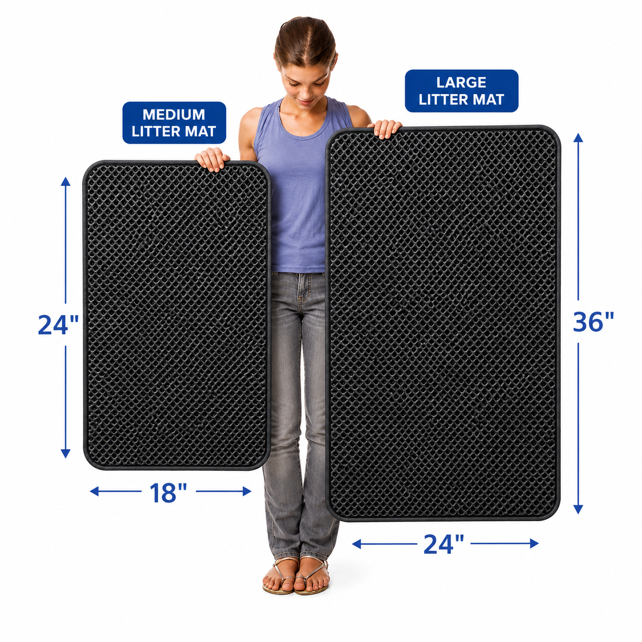 Cat litter mat size comparison showing Standard 18x24 and Large 24x36 options in gray and black