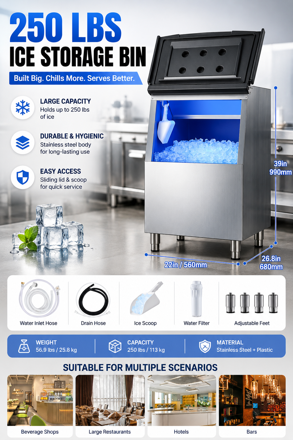 250 lb ice storage bin dimensions and spec chart for restaurant and bar use