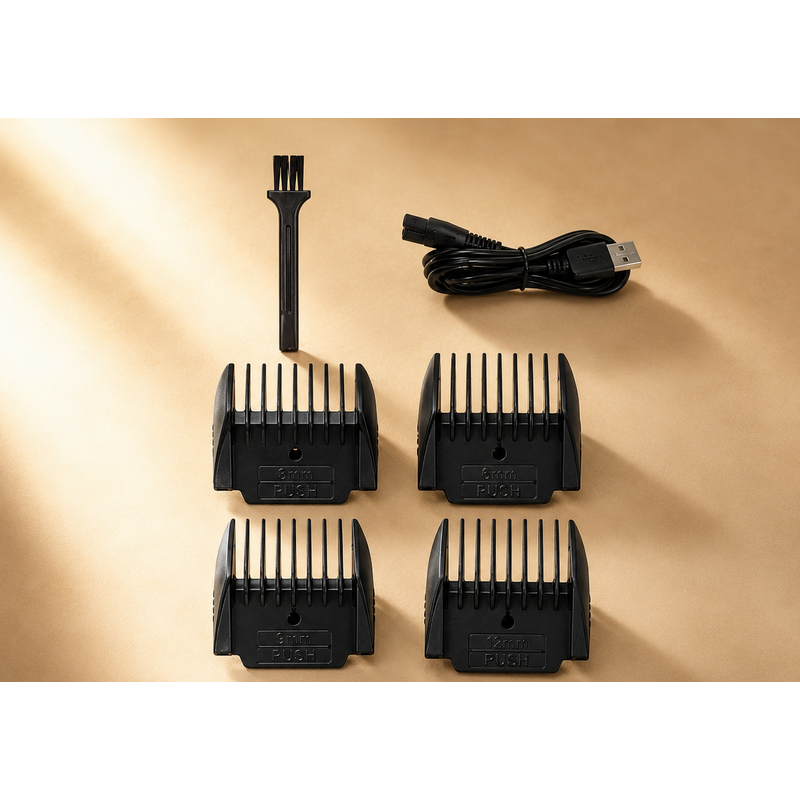 Dog grooming bundle components laid out — clipper, vacuum hose, and accessories