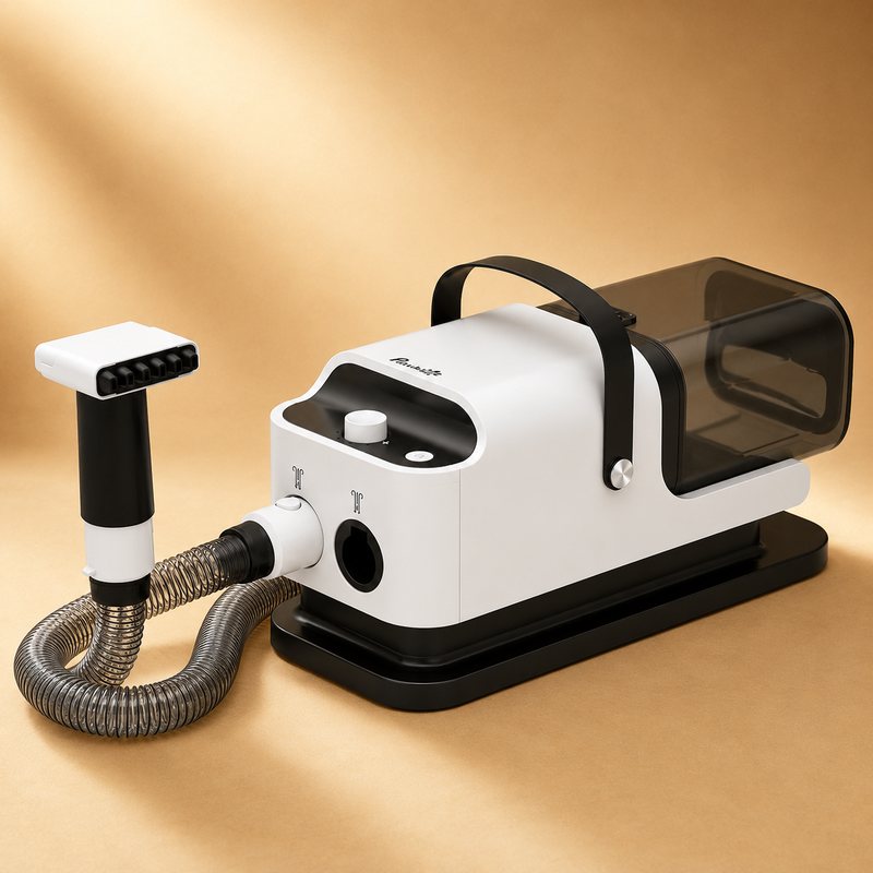 Dog grooming vacuum attachment collecting fur during trimming session